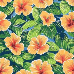 Vibrant floral pattern featuring orange hibiscus flowers surrounded by lush green leaves