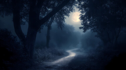 Fototapeta premium Eerie nighttime scene of a moonlit path through a dark, twisted forest, with towering trees and a hauntingly beautiful atmosphere. Moonbeam Whispers. Illustration