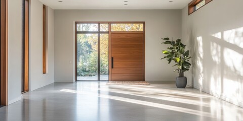 A modern home interior featuring a wooden door and large plant