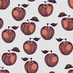 Seamless pattern with apple on color background. Natural delicious fresh ripe tasty fruit. Vector illustration for print, fabric, textile, banner, design. Stylized apples with leaves. Food concept.