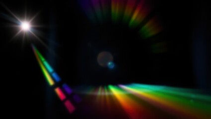 Blurred rainbow refraction overlay effect. Light lens prism effect on black background. Holographic reflection, crystal flare leak shadow overlay. Colorful rainbow disco ball light
