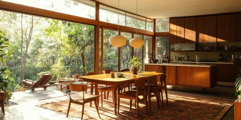 Fototapeta premium A modern dining room open to the outdoor environment with nature views