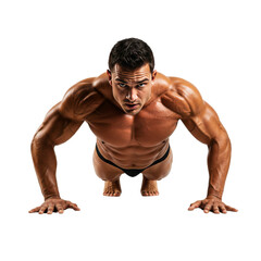 strong Man doing push up isolated on transparent background, PNG | muscular man, bodybuilder exercise, transparent background, strength training, athletic body, fitness model, gym workout