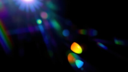Blurred rainbow refraction overlay effect. Light lens prism effect on black background. Holographic reflection, crystal flare leak shadow overlay. Colorful rainbow disco ball light