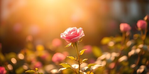 Obraz premium Digital artwork, rose garden, blurred bokeh effect, warm golden glow, single pink rose, sharp subject focus, soft background, radiant and luxurious feel