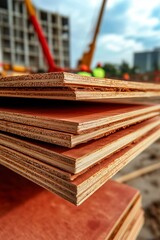 Layered Timber: Close-up shot of meticulously stacked timber panels, showcasing intricate wood grain and warm tones, reflecting craftsmanship, industry.