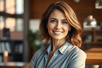 Fototapeta premium Confident Young Businesswoman Smiling in Modern Office Setting