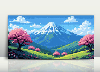 Pixel Vector Illustration of a Scenic Japanese Landscape with Mount Fuji, Blooming Cherry Blossom Trees, Rolling Green Hills, and a Clear Blue Sky