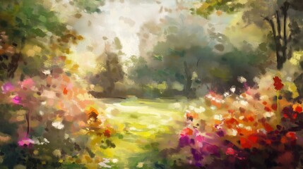 Fototapeta premium Colorful garden filled with blooming flowers under a bright sky on a sunny afternoon