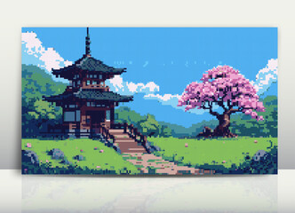 Obraz premium Pixel Vector Art of a Traditional Japanese Pagoda Surrounded by Blooming Cherry Blossom Trees in a Lush Green Landscape Under a Clear Blue Sky