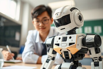 Young Student Interacting with Educational Robot in Modern Classroom Setting