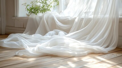 Sunny window view, white curtain blowing with flowers and bright, soft light