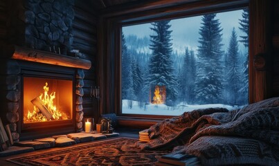 Rustic cabin interior with a glowing fireplace, soft woolen blankets, and a large window overlooking a snowy fores