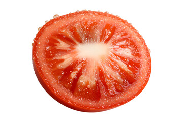 Freshly cut tomato slice on food photography studio environment close-up, isolated on white or transparent background