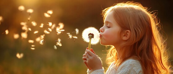 Beautiful Young Girl Blowing Dandelions in a Meadow - Serene and Innocent Nature Image