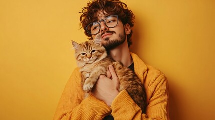 Professional Young Man Holding Adorable Cat on Vibrant Yellow Background