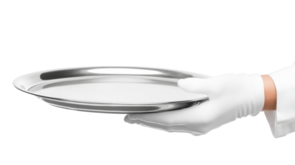 hand holding a silver plate isolated on white background