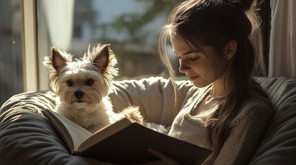 Professional Young Woman Reading Book with Cute Biewer Terrier Dog in Modern Interior