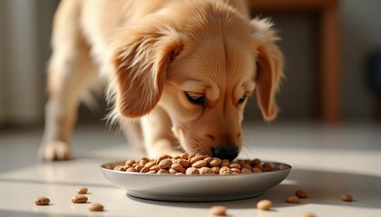 In a warm and inviting home, a playful golden puppy delicately eats dry food from a silver bowl. Sunlight streams in, illuminating the joyful moment and scattered kibble around AI