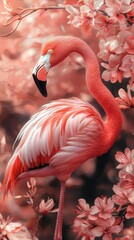 Naklejka premium A vibrant pink flamingo stands gracefully amidst a delicate blush of pink flowers, creating a serene and picturesque scene.
