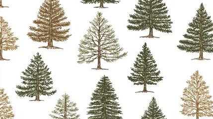 Obraz premium Detailed hand drawn illustrations of various trees on white background