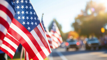 Veteran's Day parade honoring heroes with flags and music