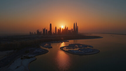 The sun sets over Abu Dhabi Marina near the Yacht Club, casting a golden glow on May 13, 2017