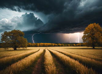 Dramatic Wheat Field Under a Thunderous Stormy Sky with Lightning Strikes and Autumn Trees