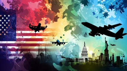 Illustrative depiction of American aviation and landmarks showcasing national pride and travel connections