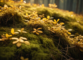 Lush Green Mossy Forest Floor with Scattered Golden Leaves in a Serene Natural Setting