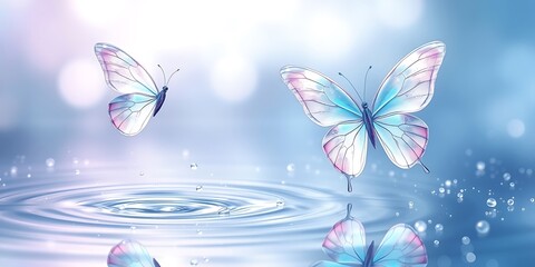 Dreamy ethereal fantasy scene two translucent butterflies glowing pastel wings soft lavender sky blue pink. Wings delicate crystal glass reflecting light shimmering magical effect. One butterfly mid