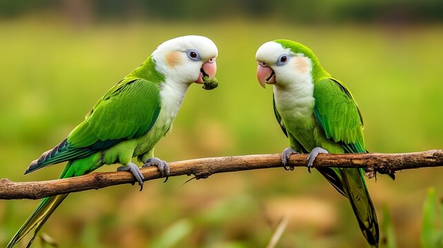 Verdant Whispers: Two vibrant green parrots perch intimately on a slender branch, their playful gaze capturing the essence of avian companionship and natural splendor. 