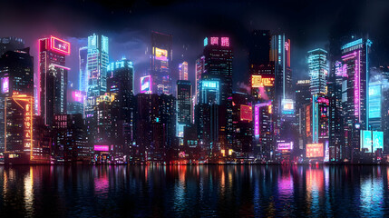Naklejka premium Illuminated City Skyline At Night With Neon Lights Reflecting On Water Displaying Modern Architecture Against A Dark Background And Scenic Landscape