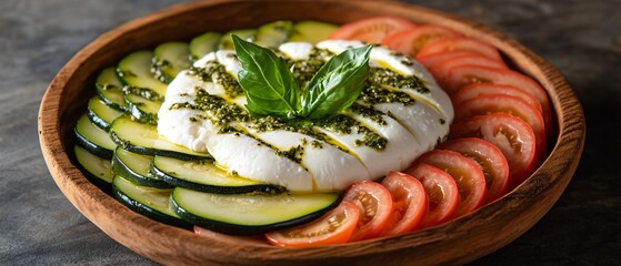 Exquisite Burrata Cheese Accompanied by Fresh Zucchini, Ripe Tomatoes, and Vibrant Basil Leaves