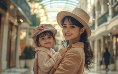 Mother and daughter share a joyful moment in a stylish shopping mall, showcasing fashion and warmth on a sunny day