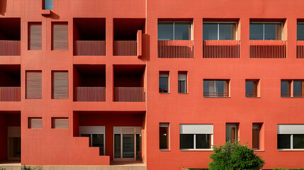 Fototapeta premium Red Brick Apartment Building Facade With Geometric Pattern Of Windows And Balconies In Modern Architectural Style