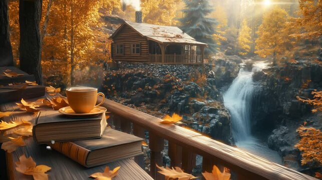 cabin, lake, mountains, autumn, nature, landscape, peaceful, scenic, background, seamless, loop, animation, looping, Lofi, reflection, forest, remote, wilderness, adventure, tranquility, cozy, outdoor