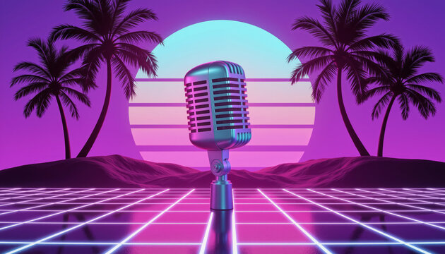 Karaoke microphone with neon lights and retro 80s synthwave beach background
