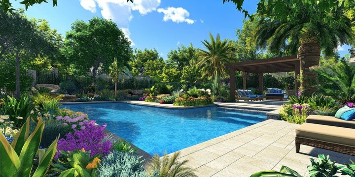A beautiful outdoor swimming pool surrounded by vibrant greenery and plants