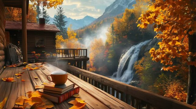 cabin, lake, mountains, autumn, nature, landscape, peaceful, scenic, background, seamless, loop, animation, looping, Lofi, reflection, forest, remote, wilderness, adventure, tranquility, cozy, outdoor