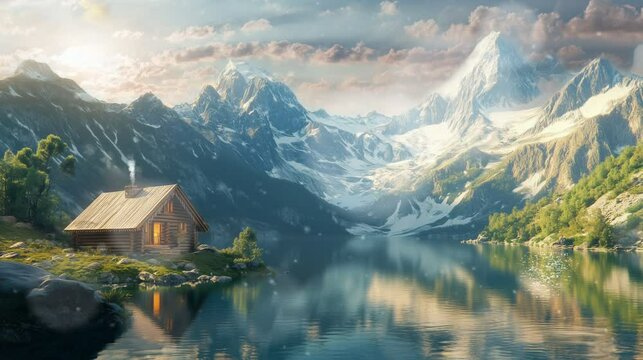 Scenic log cabin by a tranquil lake with majestic snow-capped mountains. Peaceful autumn landscape.