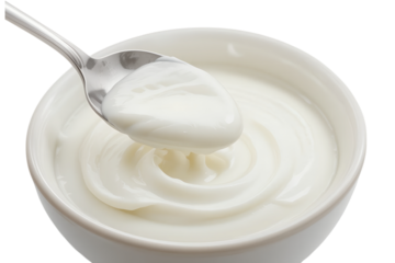 Creamy yogurt spoonful in bowl kitchen setting food photography bright environment, isolated on white or transparent background