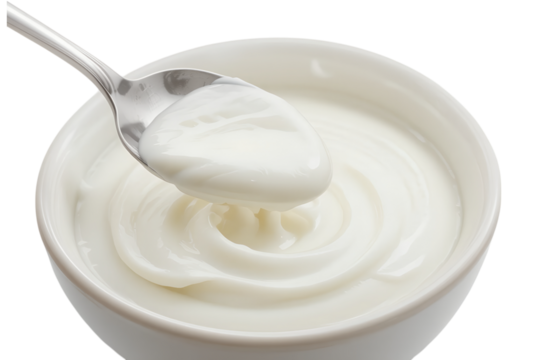 Creamy yogurt spoonful in bowl kitchen setting food photography bright environment, isolated on white or transparent background
