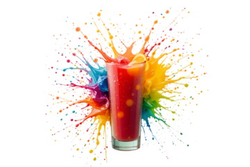 Colorful splash of fresh juice studio setting drink photography vibrant background, isolated on white or transparent background