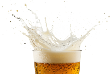 Close-up beverage photography beer splash moment at the bar counter, isolated on white or transparent background