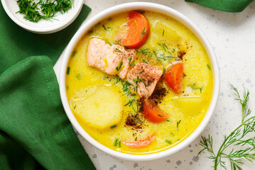 Traditional creamy Finnish salmon soup lohikeitto.top view.
