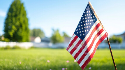 A weathered American flag waving in a serene suburban setting