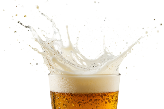Close-up beverage photography beer splash moment at the bar counter, isolated on white or transparent background