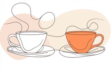 Two steaming coffee cups on white tableware with abstract background design illustrating warmth and comfort