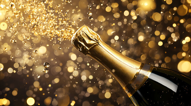 Champagne bottle elegantly pops with sparkling liquid, creating dynamic and celebratory scene. golden hues and effervescent bubbles add touch of luxury and excitement. Effervescent Hues. Illustration